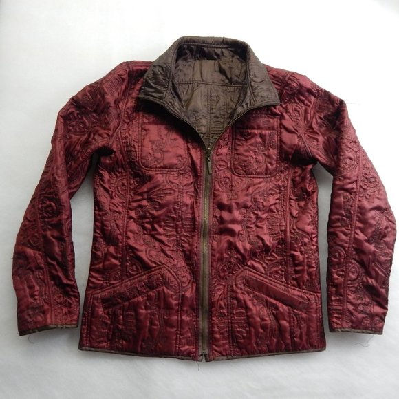 Chico's Womens Brown and Red Reversible Embroidered Zip Up Coat Size 0 - Picture 7 of 9
